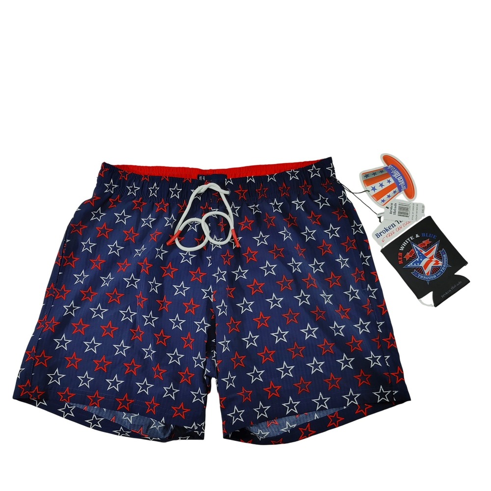 Broken Threads Mens Swim Trunks Size‎ M Stars Navy Red White w/Can Cooler